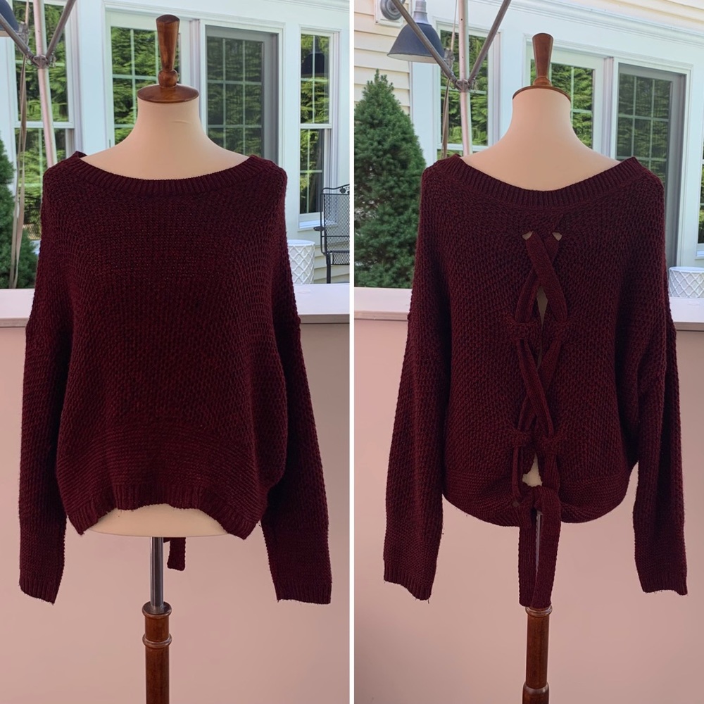 SOLD- Express Maroon Lace Up Back Sweater - Picture 3 of 8